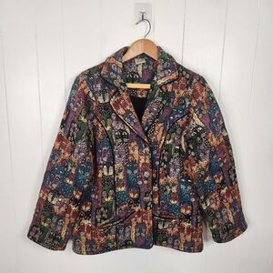 Vintage Parsley & Sage Woven Tapestry Art-to-Wear Cats Funky Jacket Sequins Lg